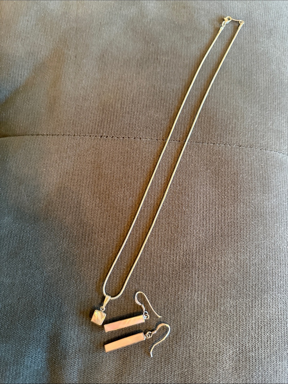 Minimalist Silver Necklace and Bar Drop Earrings - Pink Accents